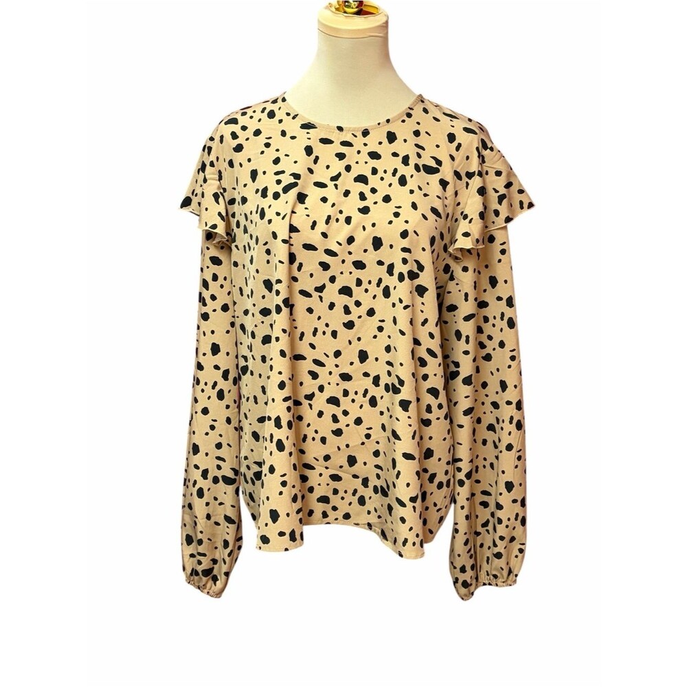 SHEIN Dalmatian Print Ruffle Shoulder Top XL Beige Animal Print Blouse